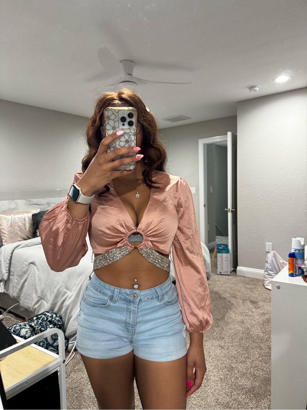 Milk & Honey Blush Pink Satin Lantern Sleeve Crop Top, Size Medium